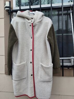 Urban Outfitters Cream Teddy Coat with Olive Sleeves and Red Trim